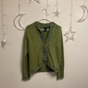 Vintage Nomadic Traders Green and Purple floral Zip Up Knit Embroidered Sweater